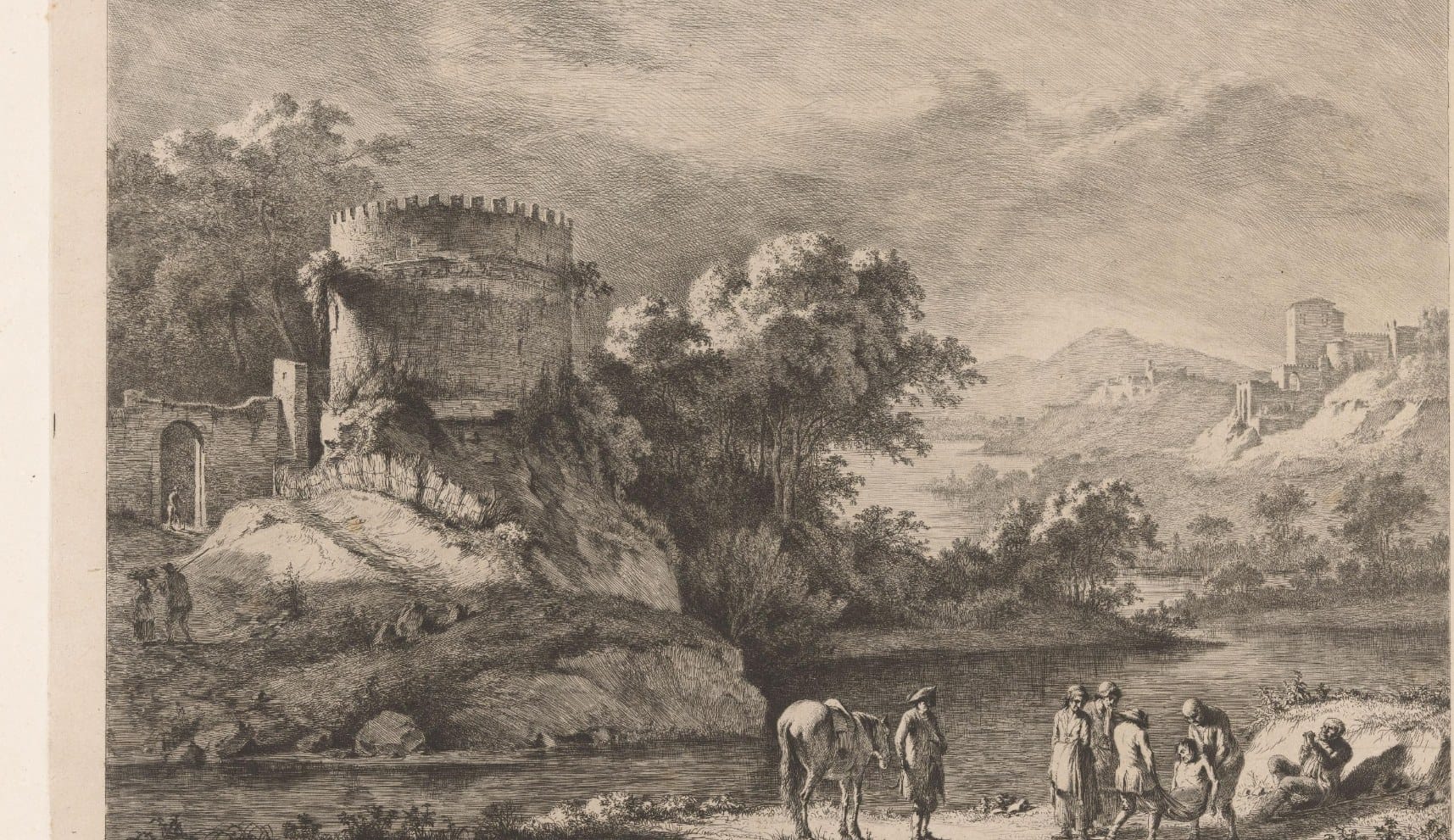 Etching of the round tomb of Caecilia Metella on a wooded rise above a river, with a horse and a group of figures on the bank in the foreground and hills in the distance