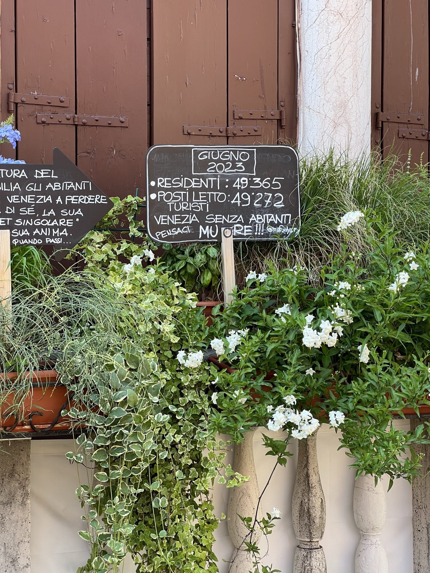 A handwritten chalkboard among plants in Venice listing 49,365 residents and 49,272 tourist beds in June 2023