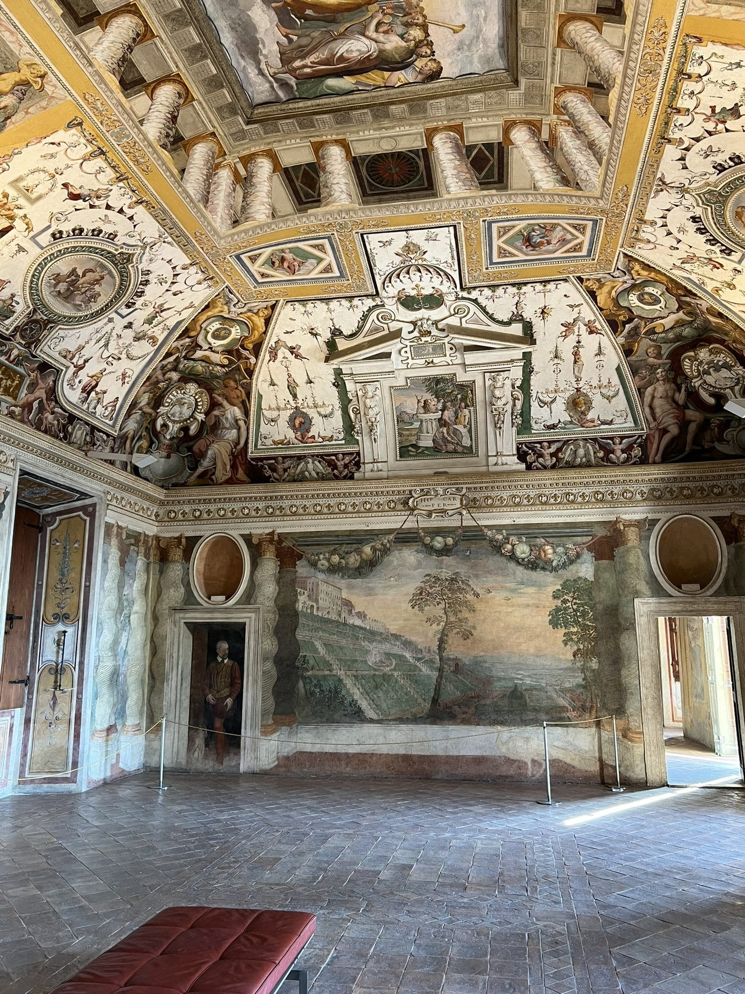 Large frescoed room with a painted landscape on the end wall and a vault decorated with stucco and painting