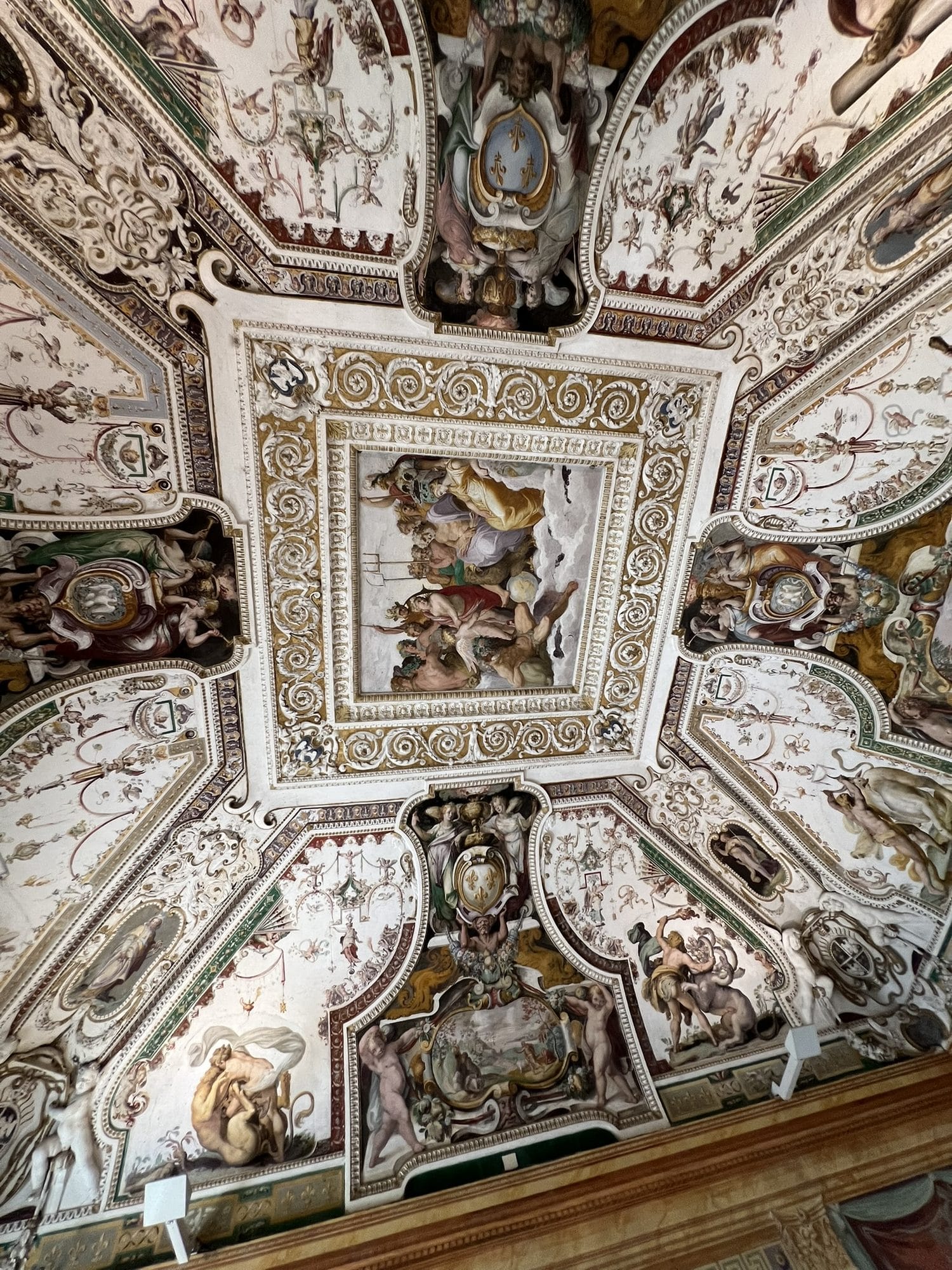 Frescoed vault with a central panel of figures among clouds, surrounded by frames, coats of arms and grotesques