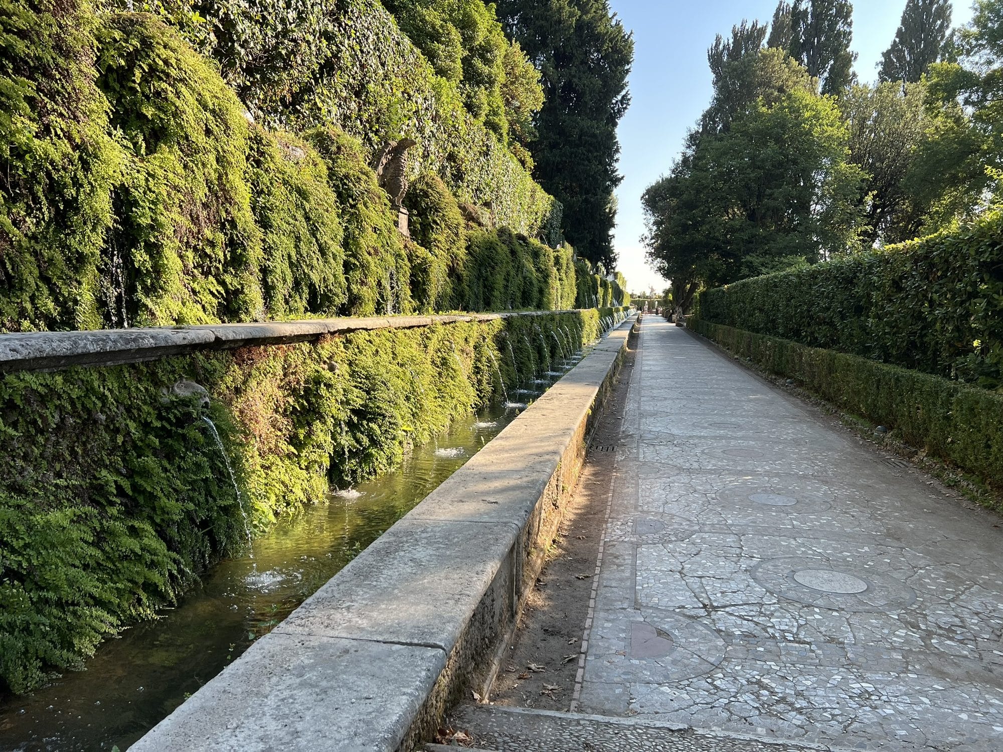 Long paved avenue beside a wall covered in moss and ferns, with dozens of small jets falling into a channel