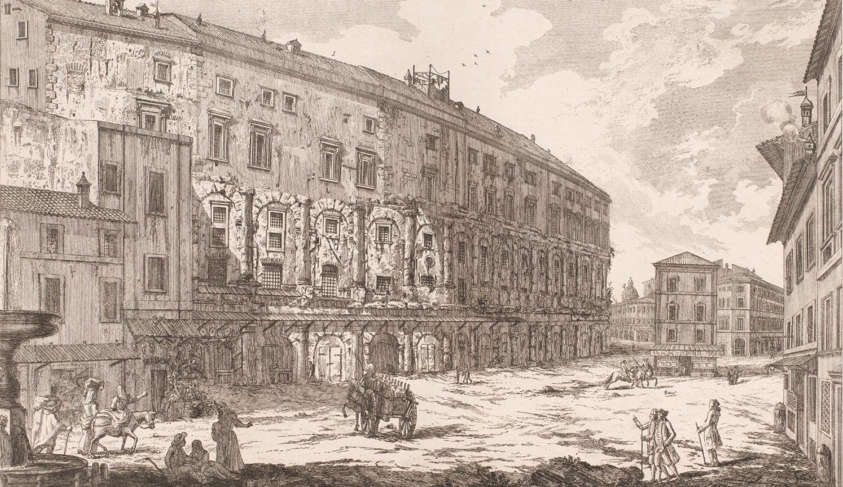 Eighteenth-century etching of the curved arcades of the Theatre of Marcellus filled with shops and lean-tos, a palace with rows of windows on top, and a busy square with carts and figures in front