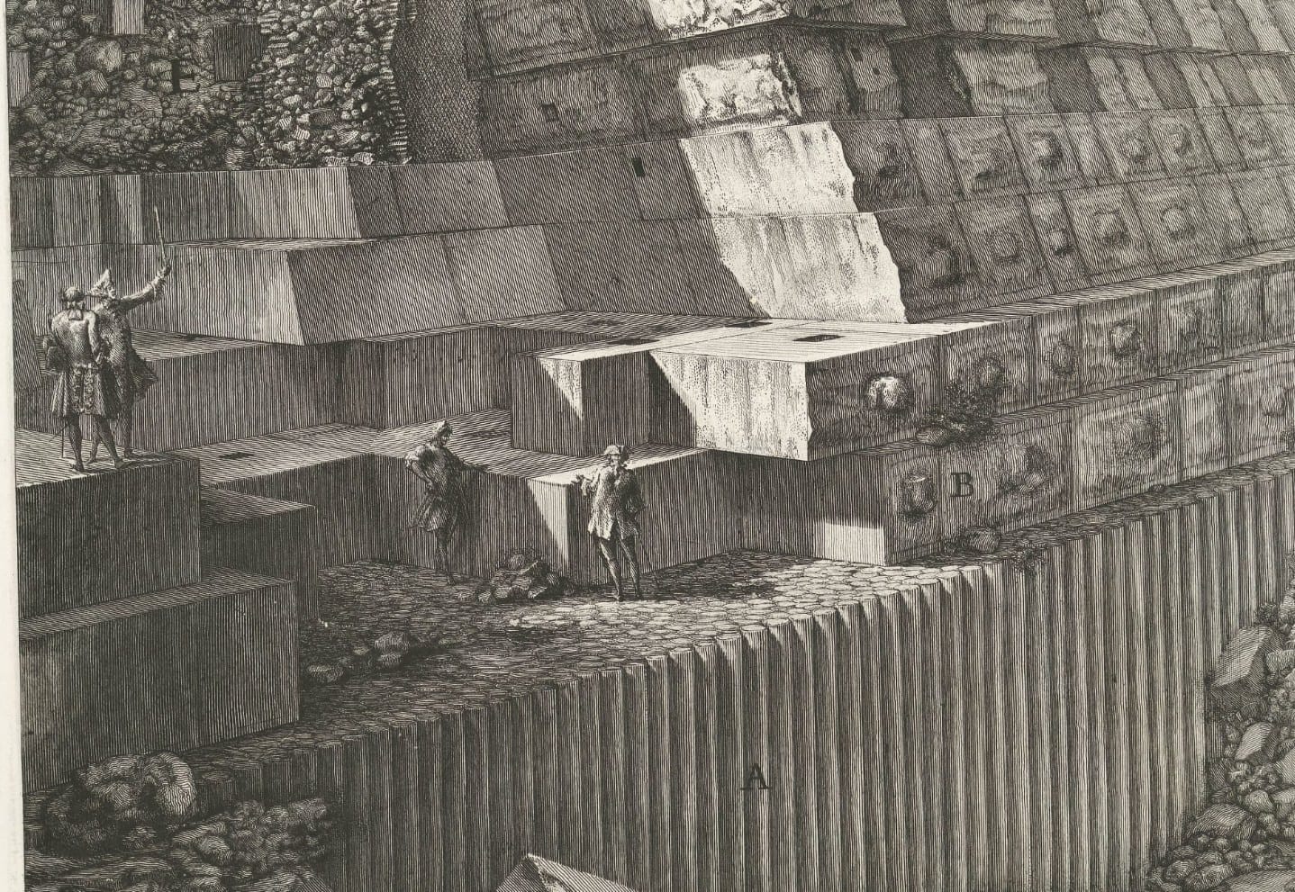 Etching of enormous stepped travertine blocks in the foundations of the Theatre of Marcellus, with small human figures standing on them for scale 