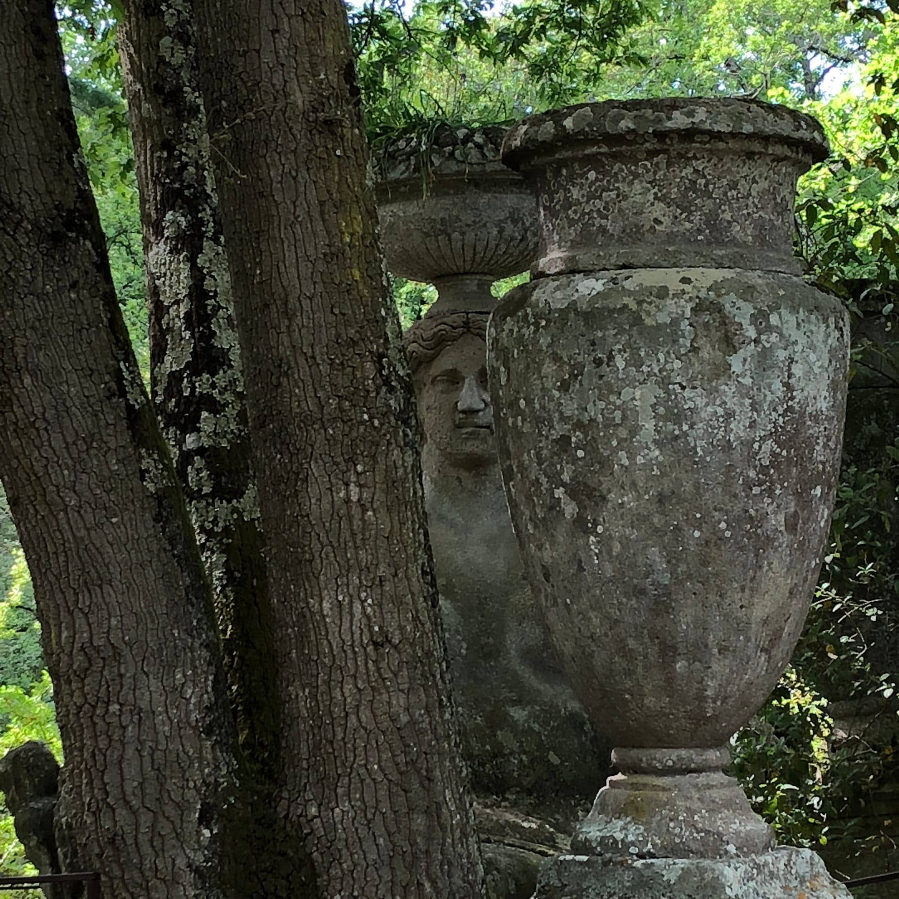 Detail view of the colossal stone statue of Ceres framed by tree branches and green foliage in the Sacro Bosco of Bomarzo.