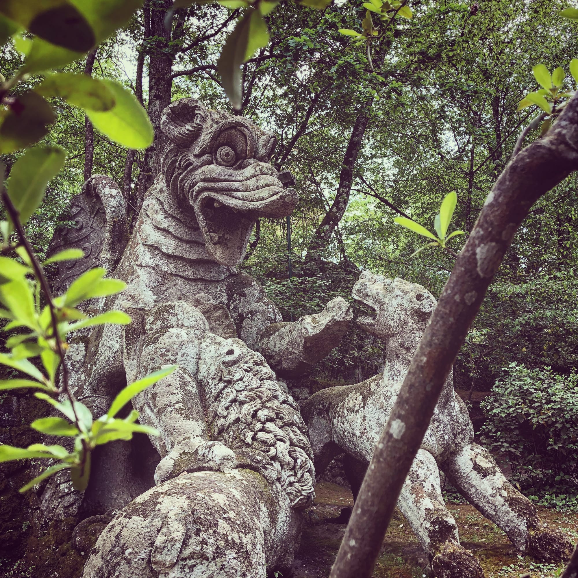 Stone sculpture of a winged dragon fighting three attacking animals among trees in the Sacro Bosco of Bomarzo.