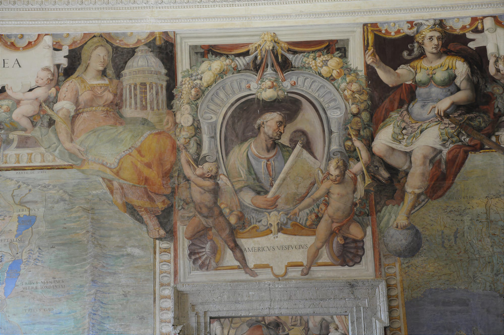 Fresco portrait of Amerigo Vespucci holding a map, between allegorical figures of Judea and Italy, Sala del Mappamondo, Caprarola