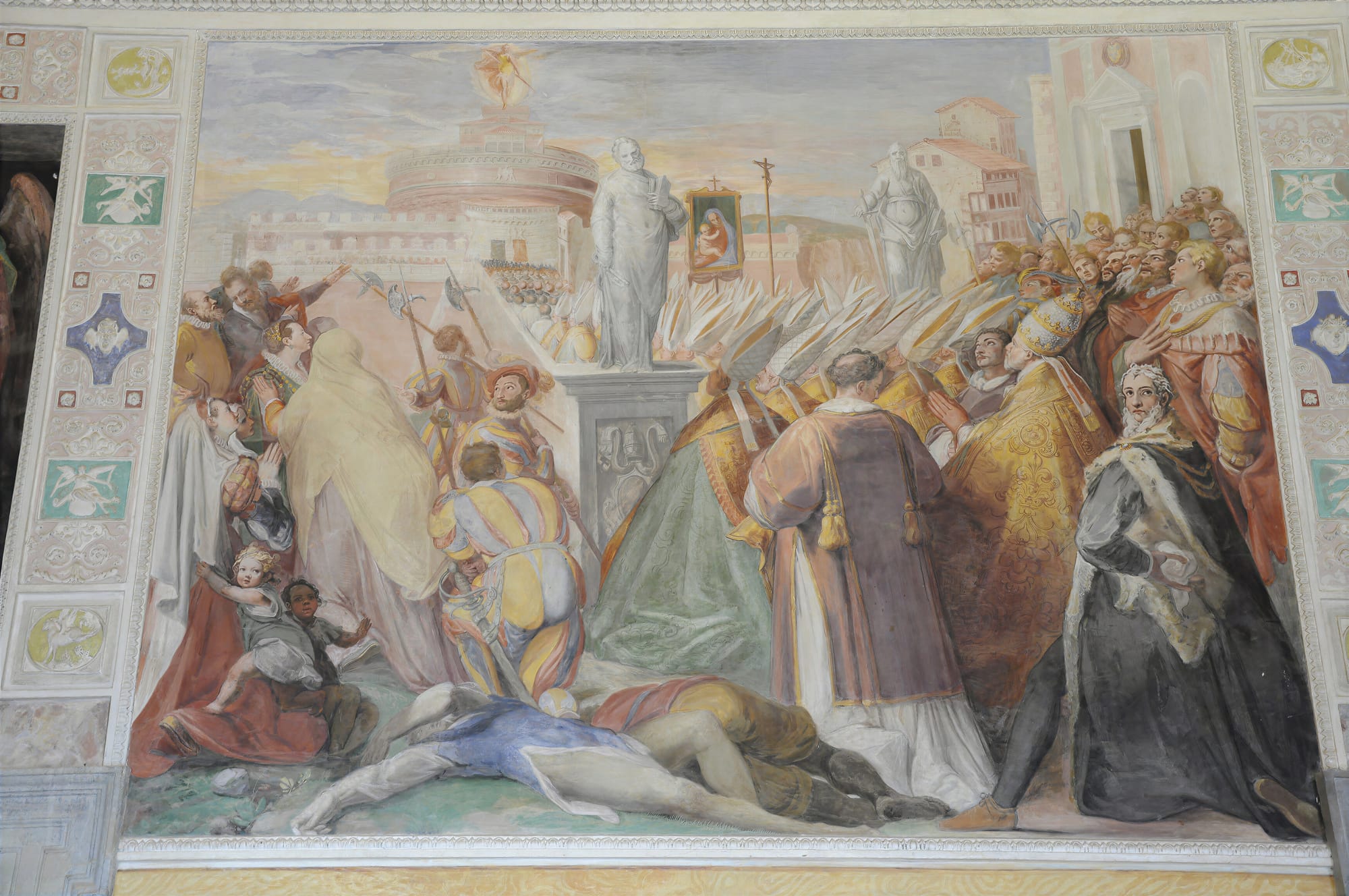 Fresco of a papal procession before Castel Sant'Angelo in Rome, with an angel at the top of the castle and the dead of the plague in the foreground, Stanza degli Angeli, Caprarola
