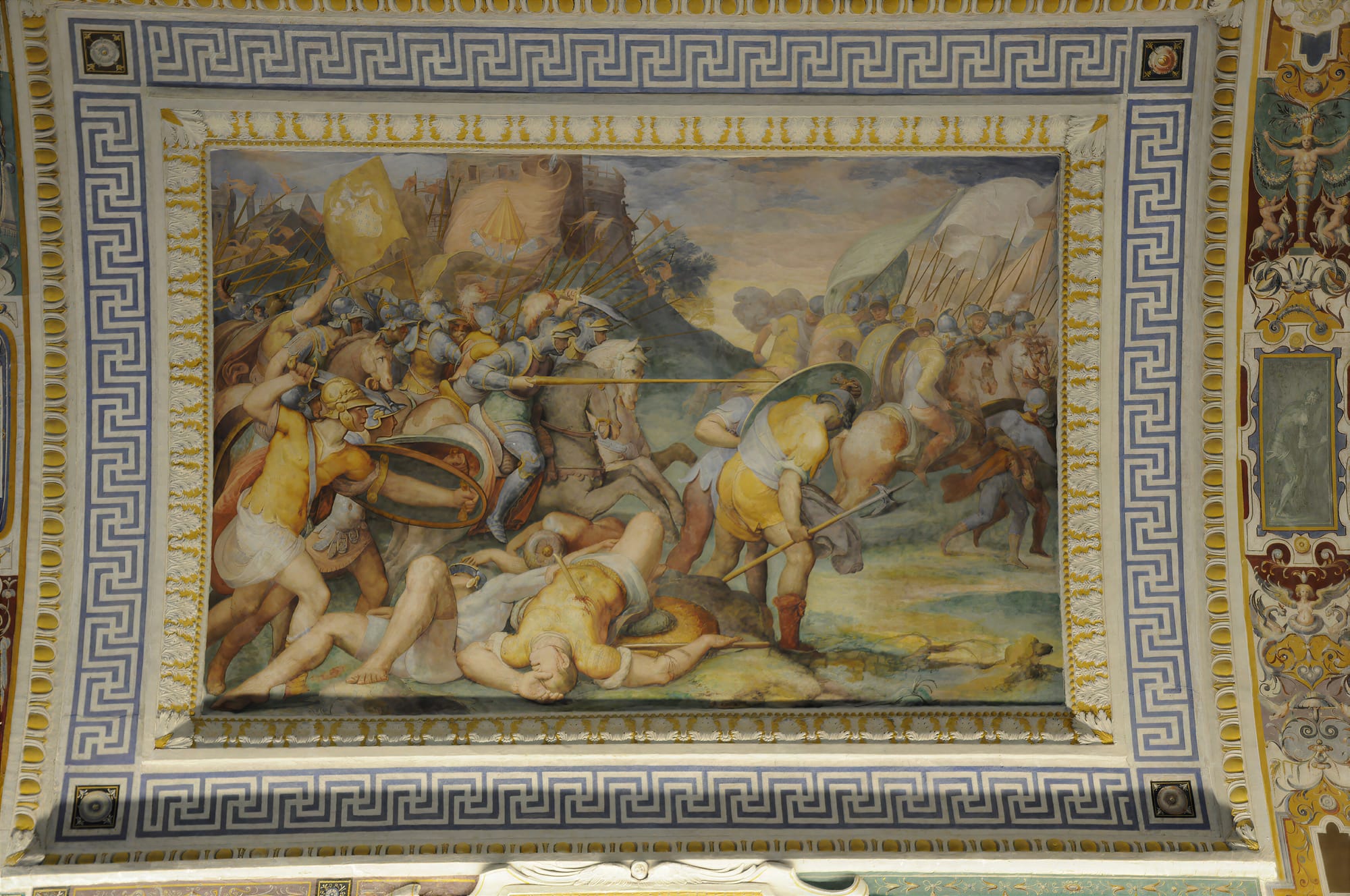 Fresco of a cavalry battle with a banner bearing the Farnese lilies, vault of the Sala dei Fasti Farnesiani, Caprarola