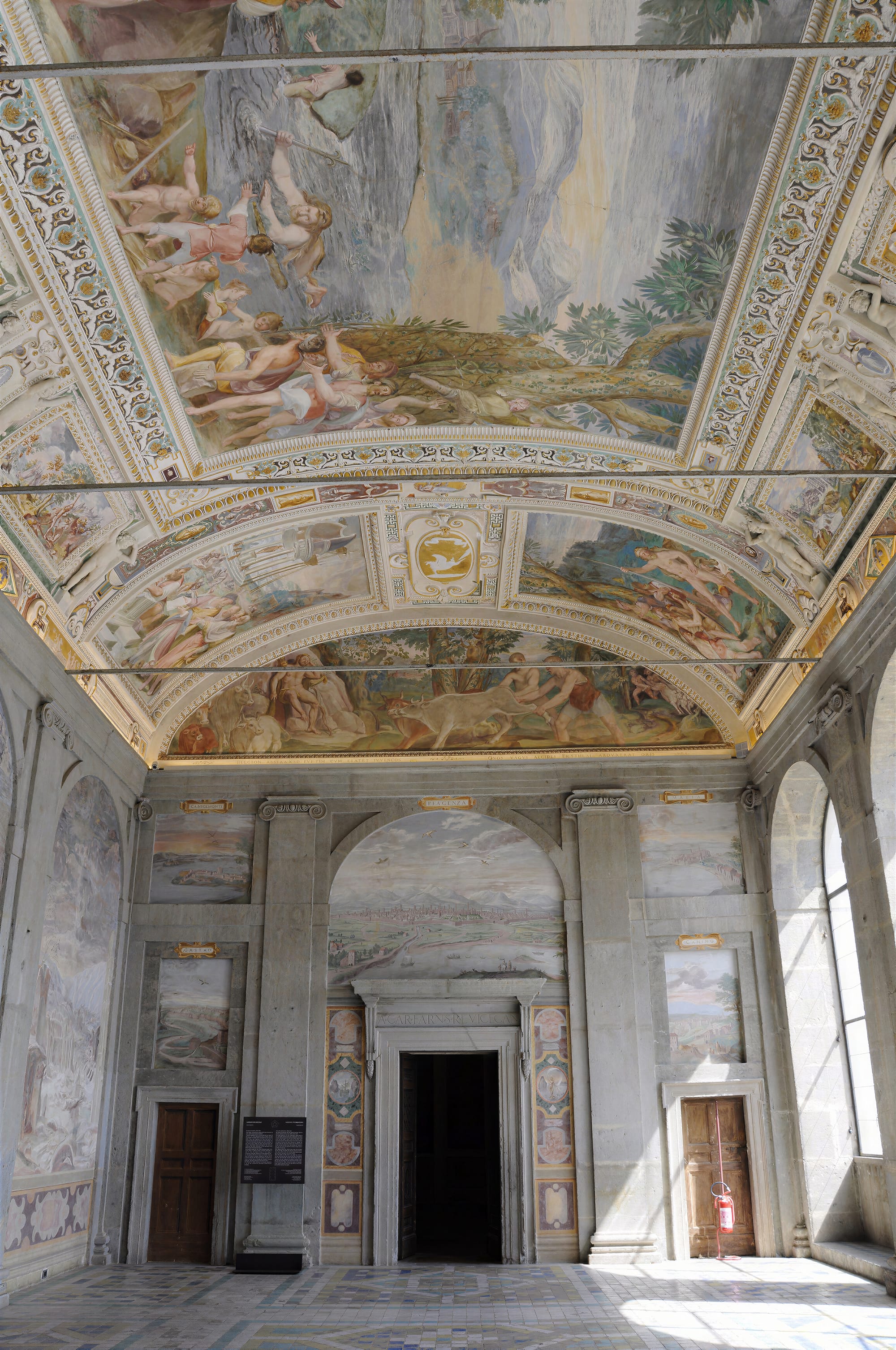 Frescoed vault with scenes of Hercules above a wall painted with a view of Piacenza, Sala di Ercole, Caprarola