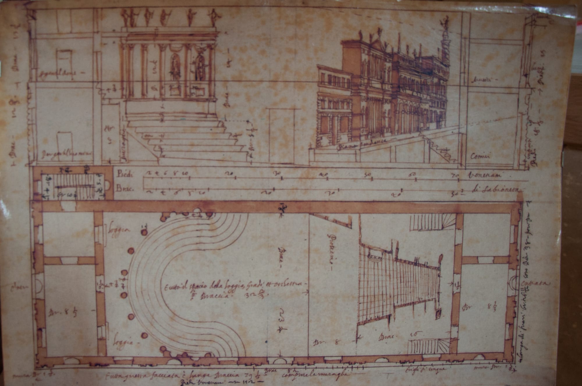 Scamozzi's ink drawing of the Teatro all'Antica in plan and section, with the horseshoe cavea, the stage in perspective and two measuring scales