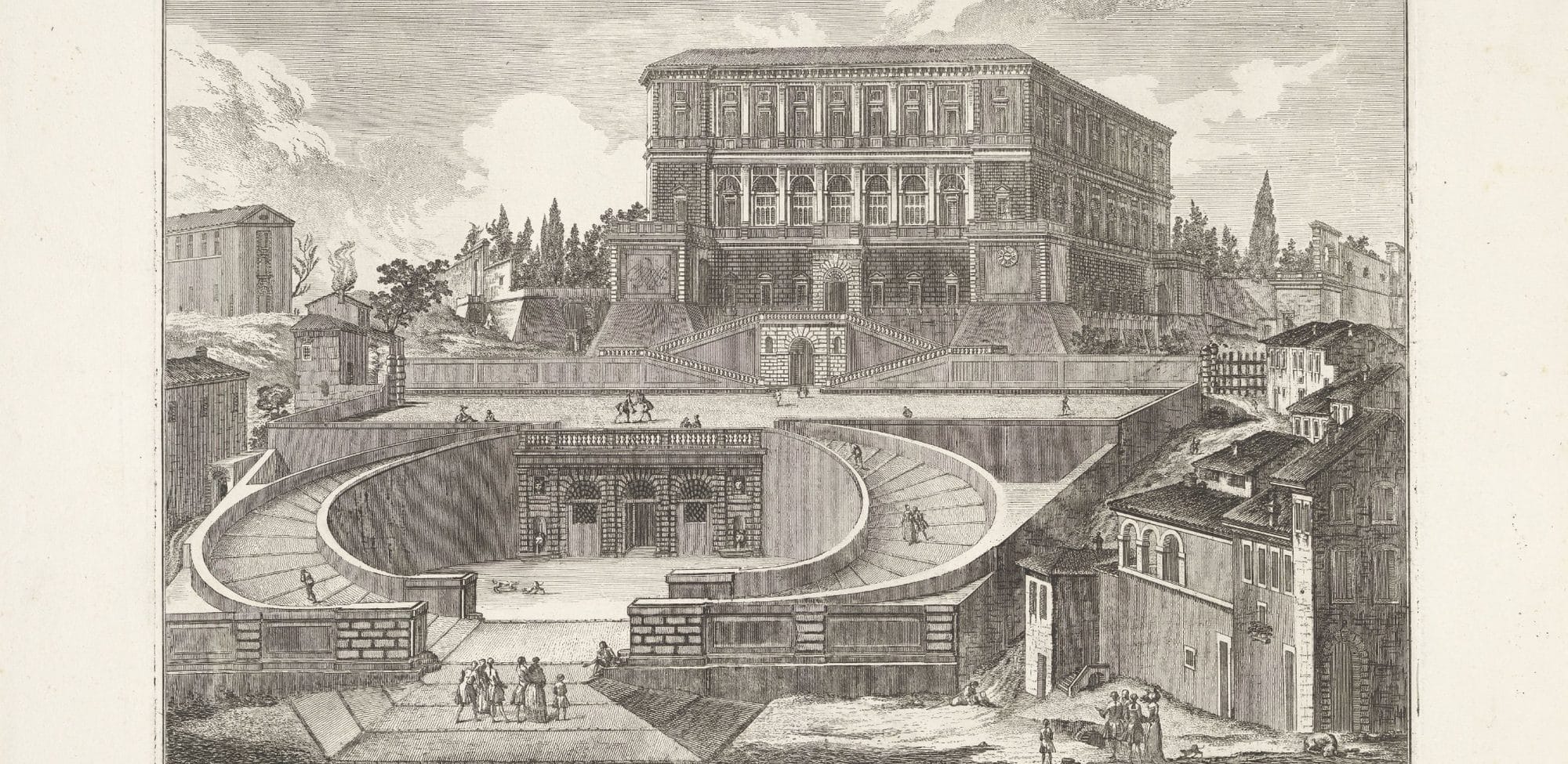 Eighteenth-century engraving of Villa Farnese at Caprarola seen from below, with the pincer-shaped ramps and the terraces in front of the façade