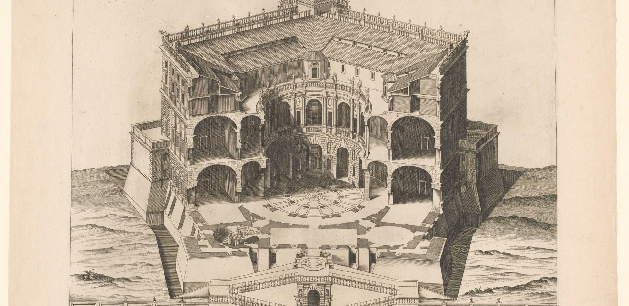 Early eighteenth-century engraving of Villa Farnese at Caprarola in cutaway section: the circular courtyard inside the pentagonal plan and the bastions