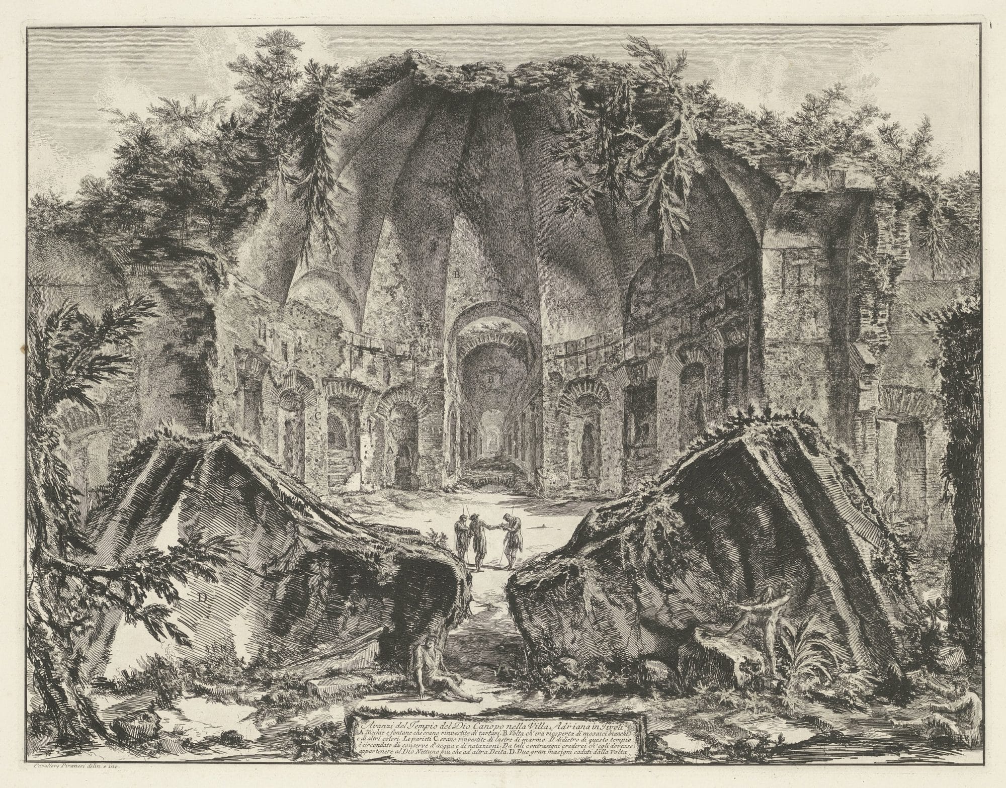 Piranesi etching of the ruined vault of the Canopus at Hadrian's Villa, overgrown, with small figures among the stones