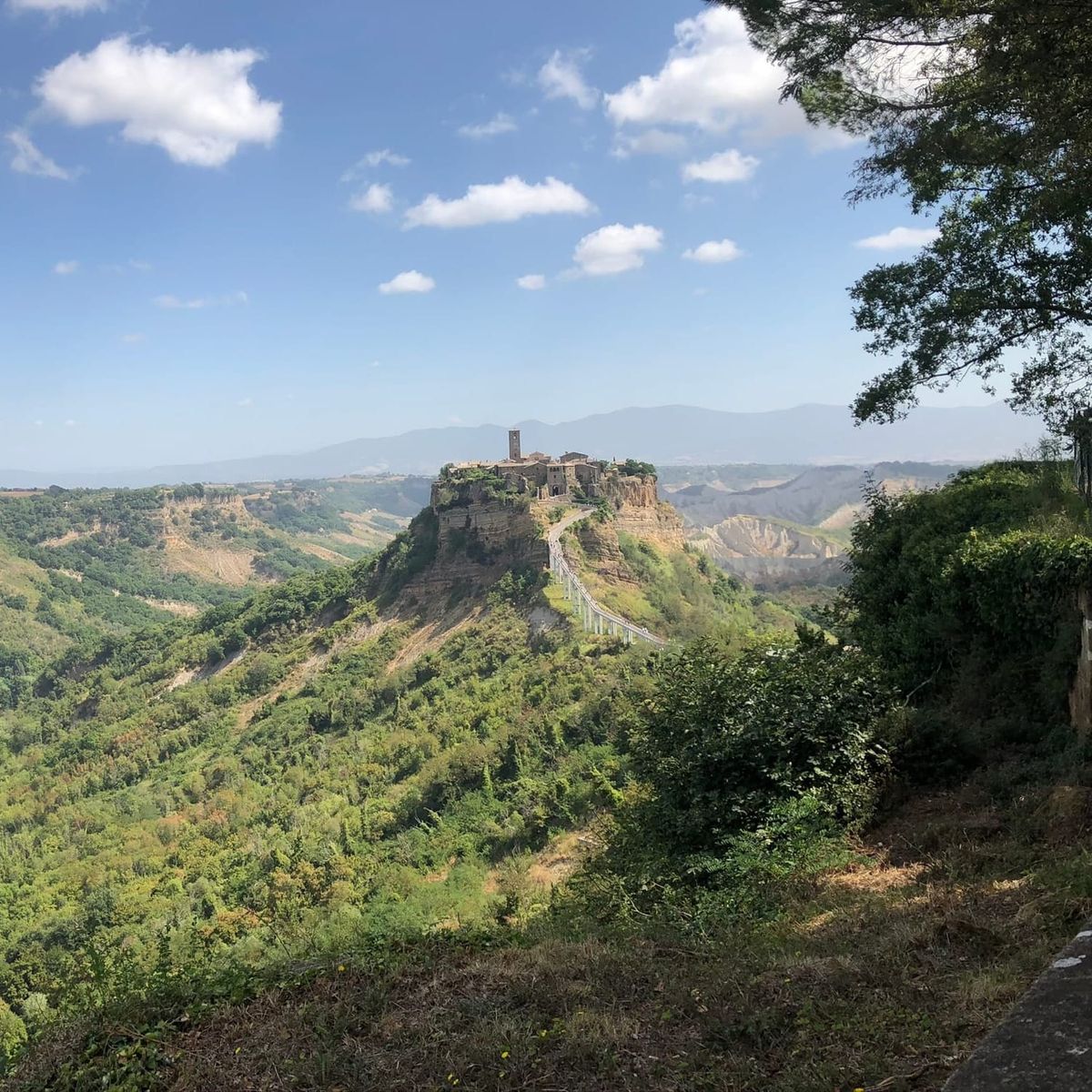 Civita di Bagnoregio stands on a tufa hill inside a deep green valley, surrounded by clay calanchi under a bright blue sky with white clouds.