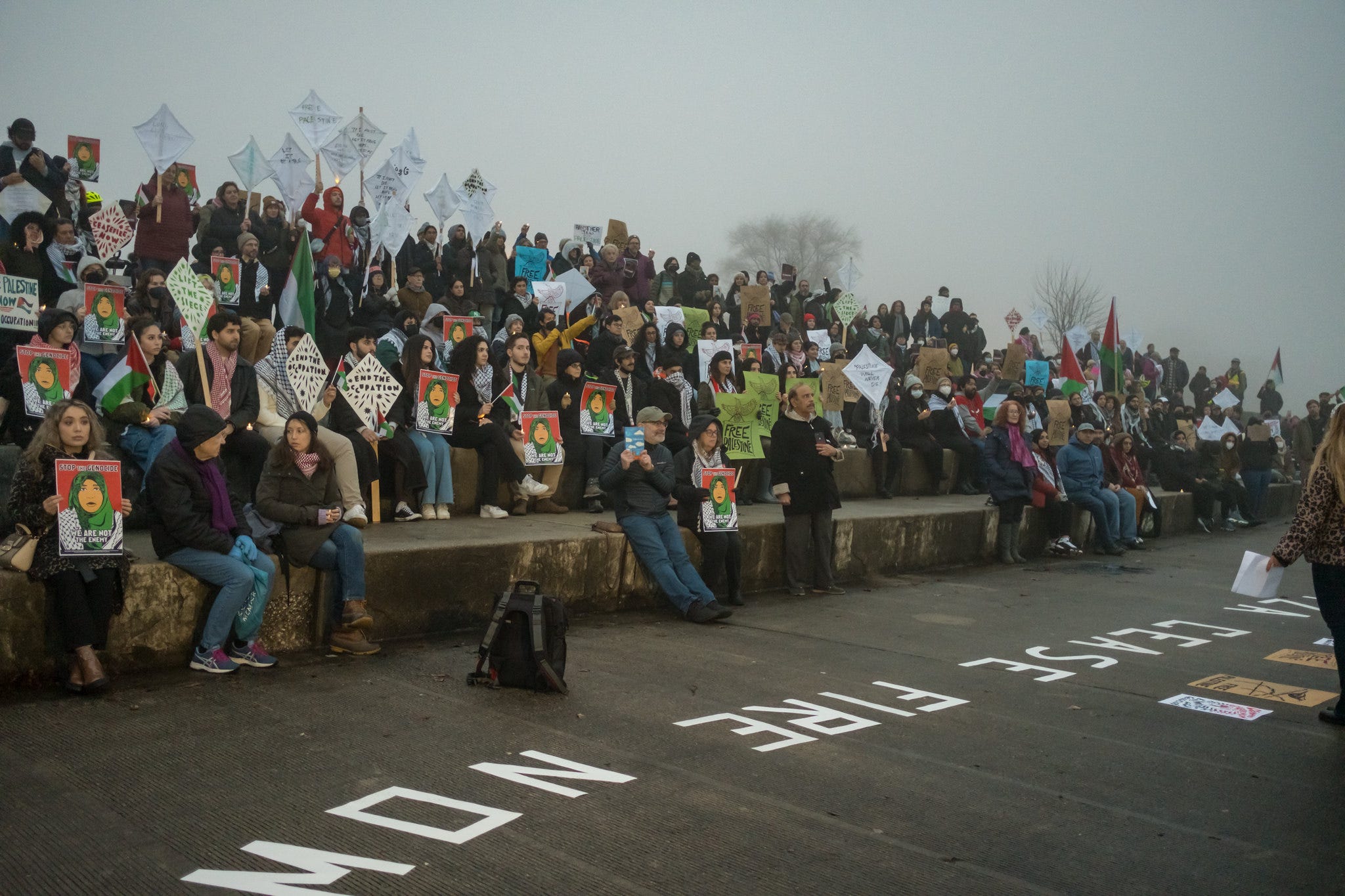 A crowd holding signs, some shaped like kites, sit on concrete steps at Lake Michigan in Chicago.