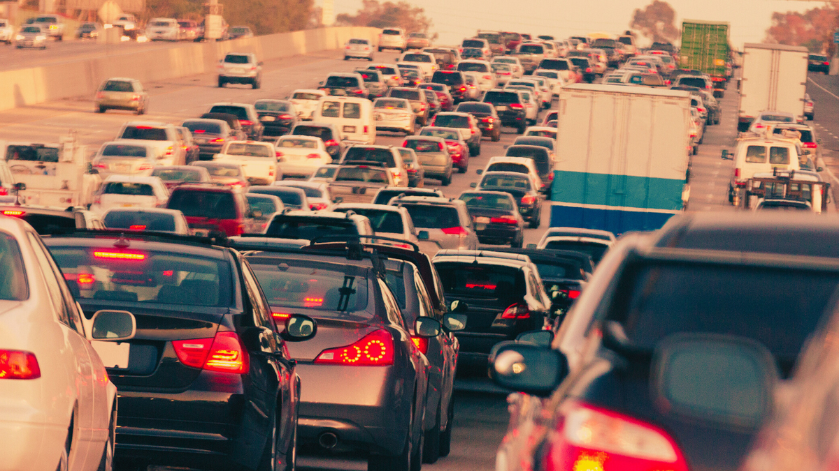 Cars backed up in traffic.