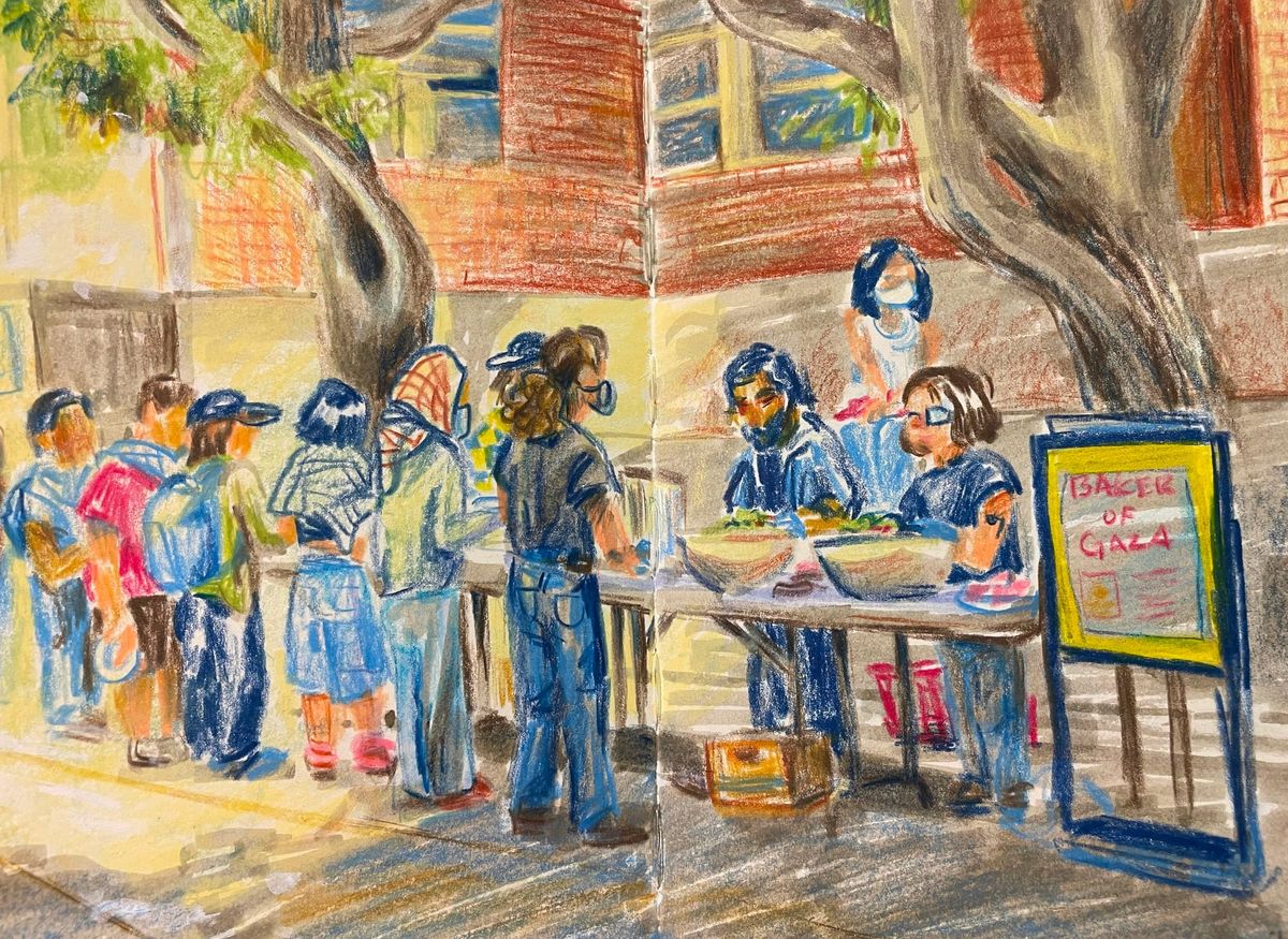 A Kitchen Committee fundraiser depicted in an illustration. Food is being served to a line of people.