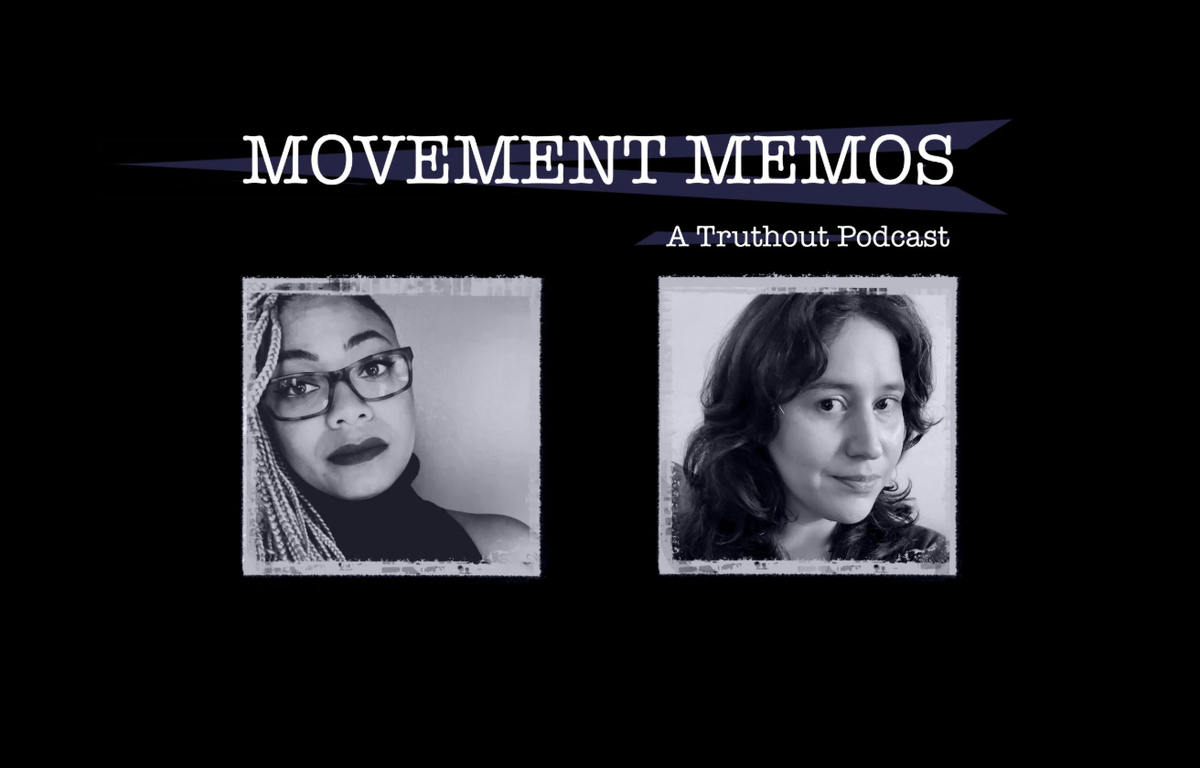 Photos of Kelly Hayes and Che Johnson-Long beneath the Movement Memos podcast logo.