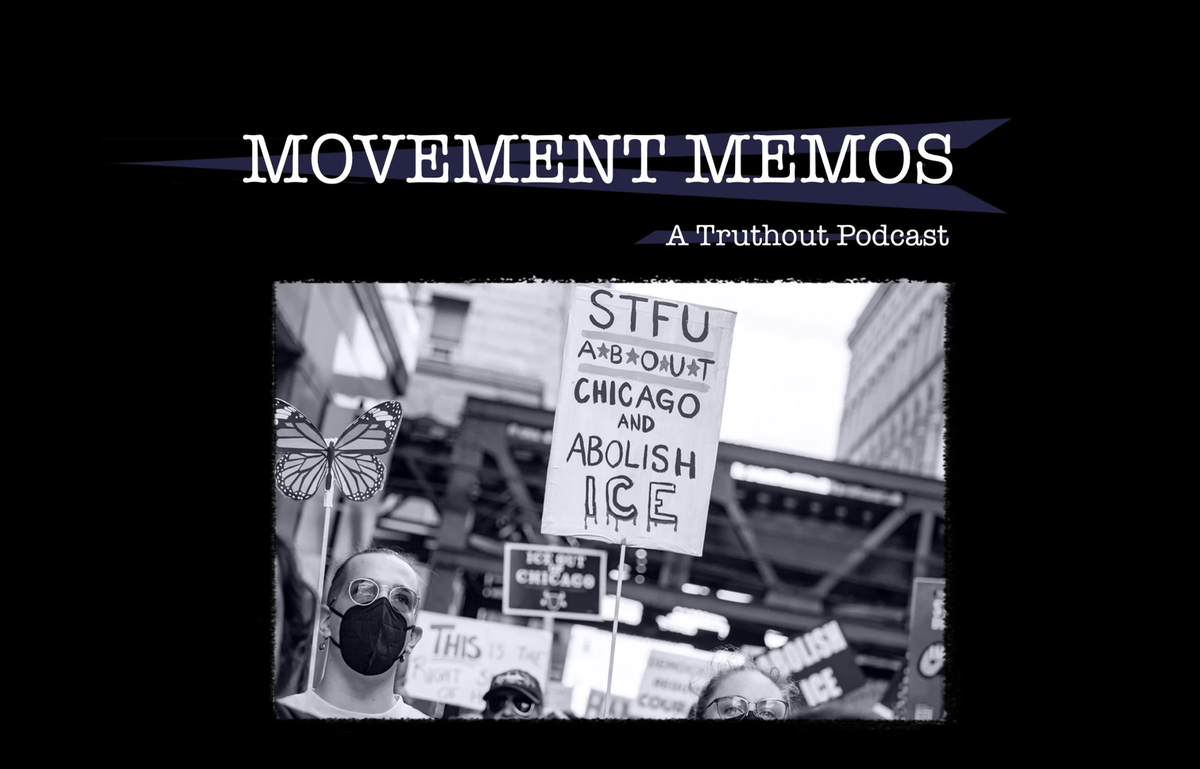Photo protesters in Chicago beneath the Movement Memos podcast logo.