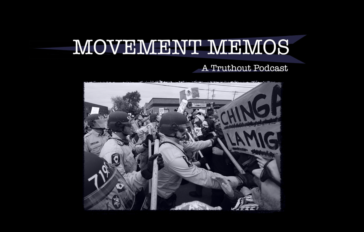 An image of police with batons pressing into protesters under the Movement Memos logo.