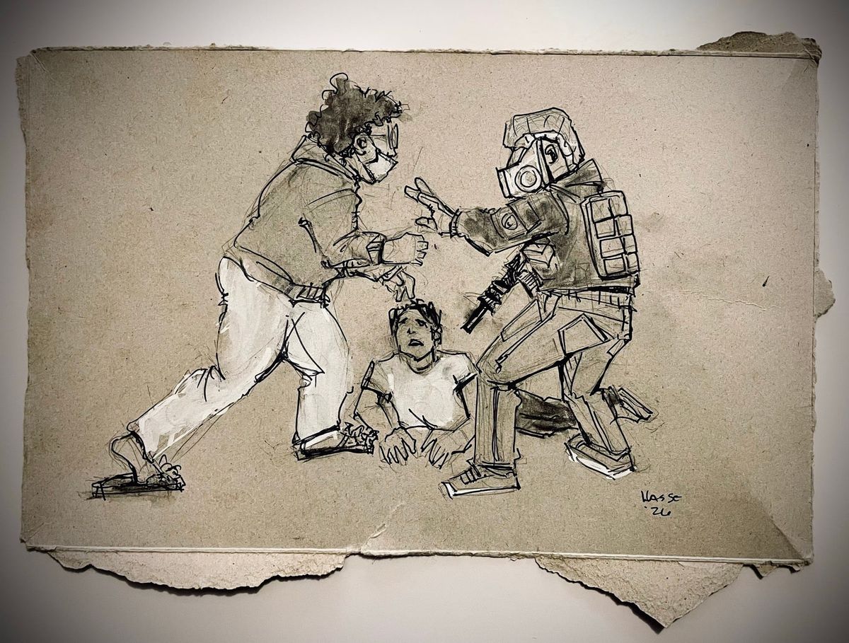 A sketch on cardboard depicting a rapid responder confronting an ICE agent while a person is on the ground.