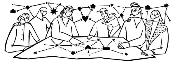 A drawing of masked people making a map with homes, hearts, lines and dotted lines.