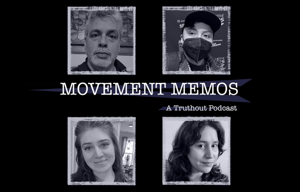 Photos of Kelly Hayes and and three guests beneath the Movement Memos podcast logo.