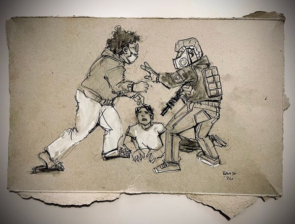 A sketch on cardboard depicting a rapid responder confronting an ICE agent while a person is on the ground.