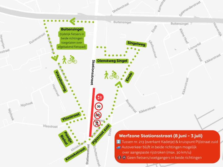 Werken Stationsstraat: aangepaste omleiding voor fietsers en voetgangers vanaf 8 juni