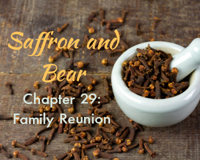 An image of a mortar and pestle is overlaid with the text "Saffron and Bear" and "Chapter 29: Family Reunion"