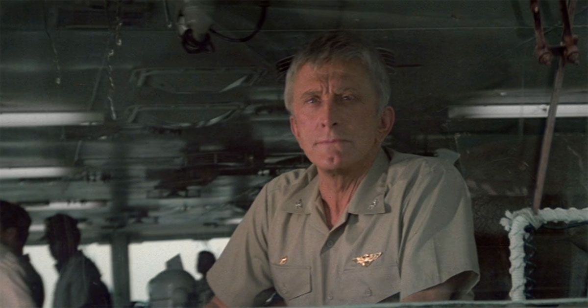 A screen capture of Kirk Douglas as Captain Yelland from the Movie The Final Countdown.