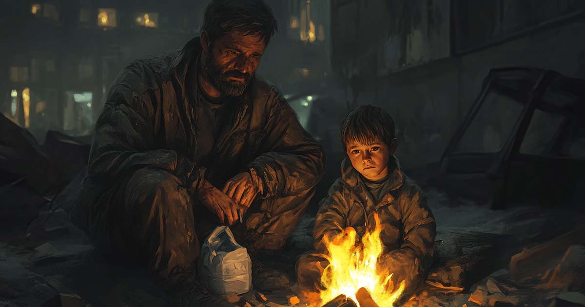 A father and son sit by a fire in a ruined building.