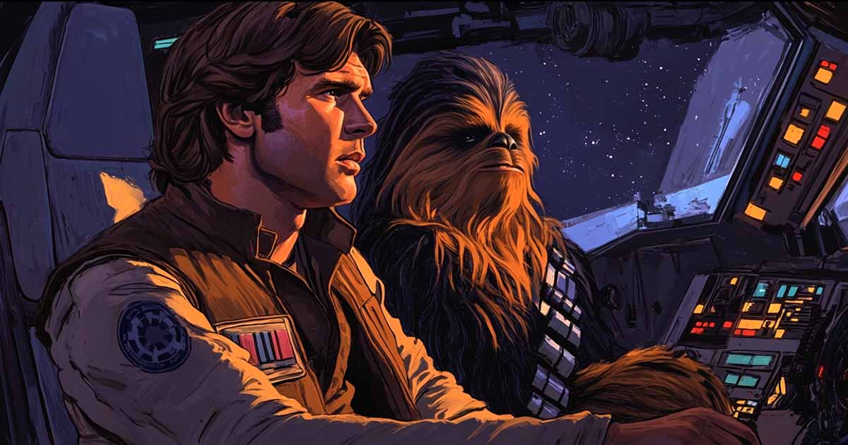 Han Solo and Chewbacca look out from the Millennium Falcon’s cockpit.