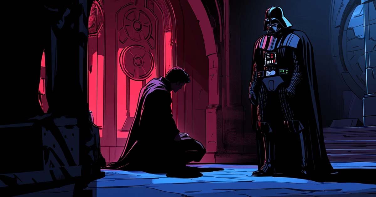 Luke Skywalker kneels before Vader in a Sith cloak.