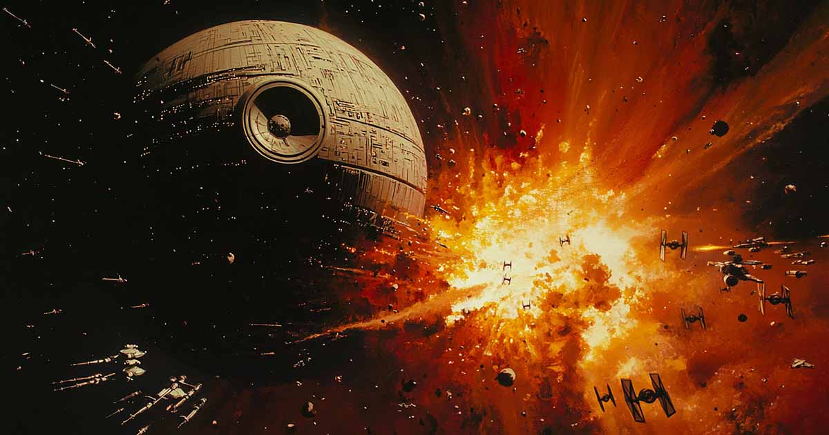 Yavin IV explodes after being struck by the Death Star’s superlaser.