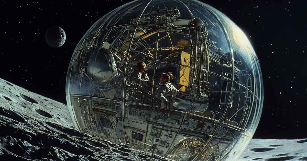 A spherical spacecraft drifts through space.