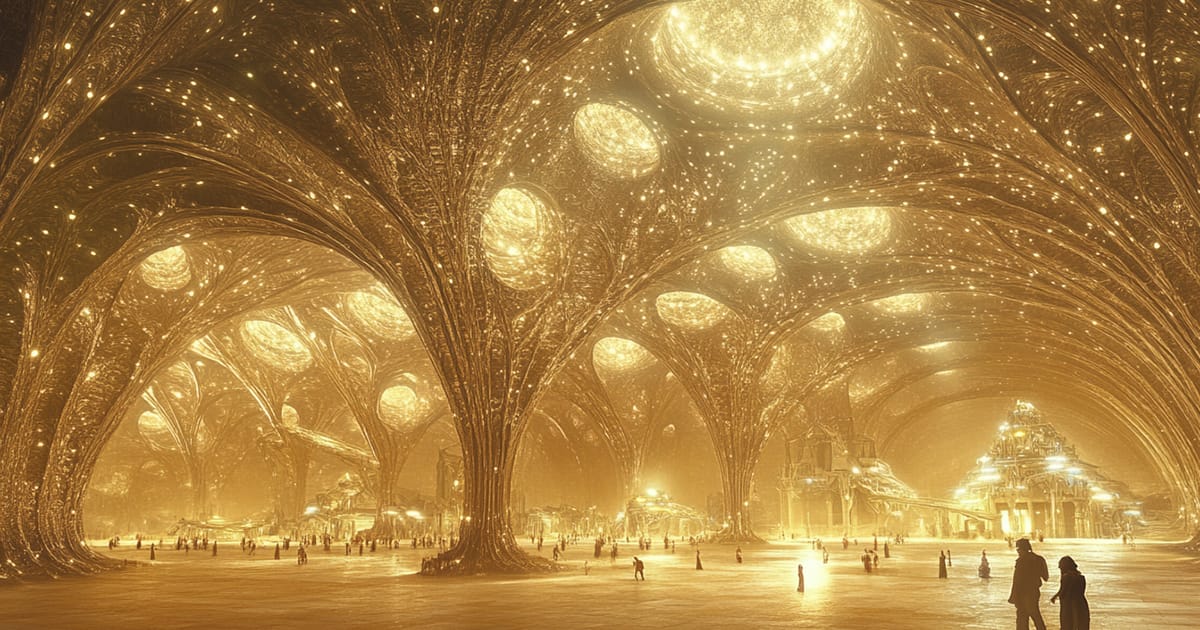 An underground city with glowing spires and insect-like beings.