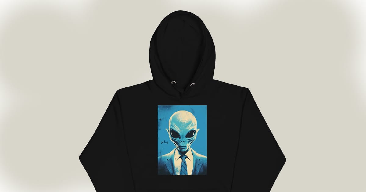 Hoodie showing Alien Boss in blue suit.