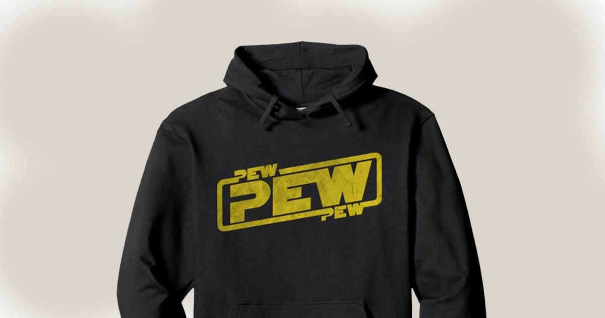 Image of a Star Wars Hoodie that say pew, pew, pew.