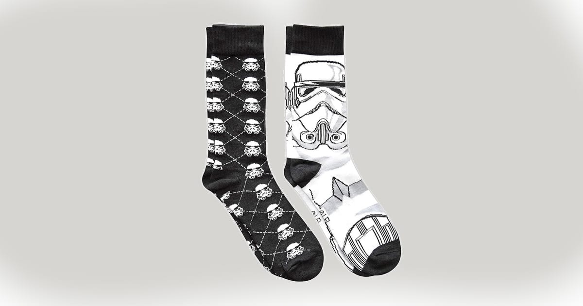 Image of two pairs of socks that have Stormtrooper images on them.