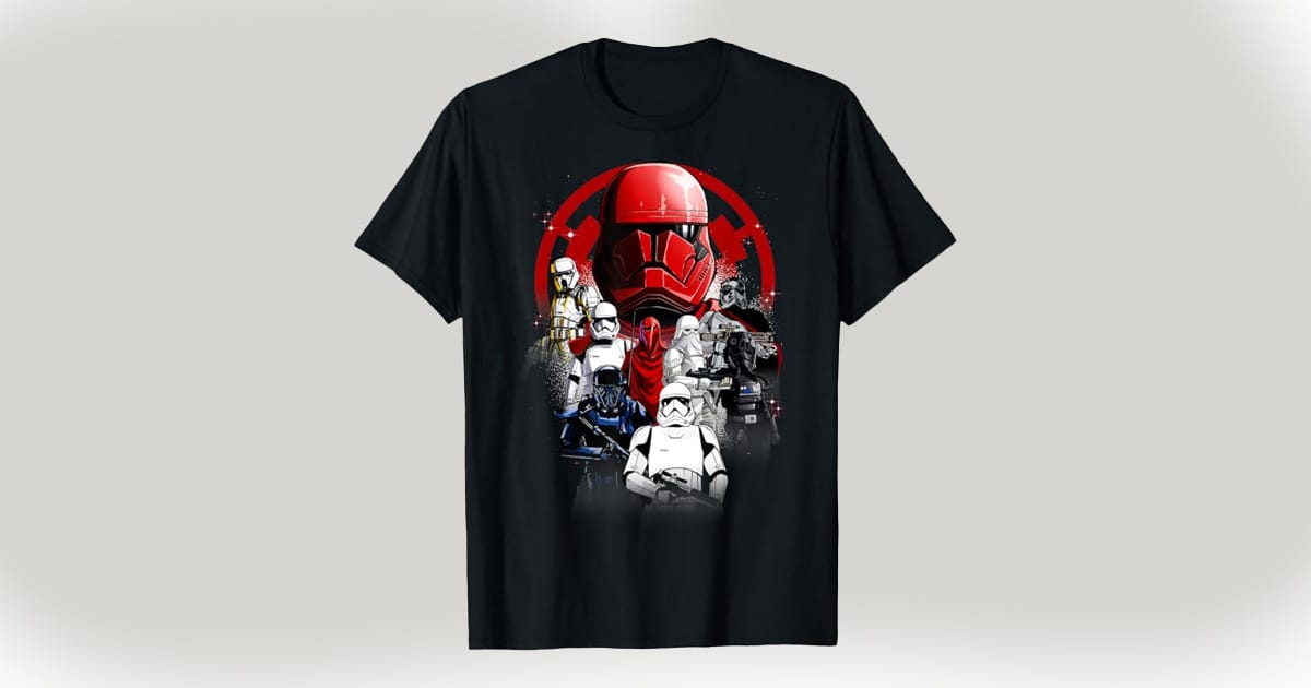T-shirt with many of the different types of Stormtroopers depicted.