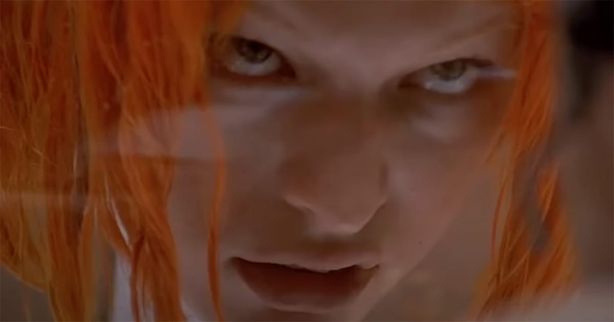 Leeloo’s (Milla Jovovich) intense gaze framed by wet orange hair in "The Fifth Element."