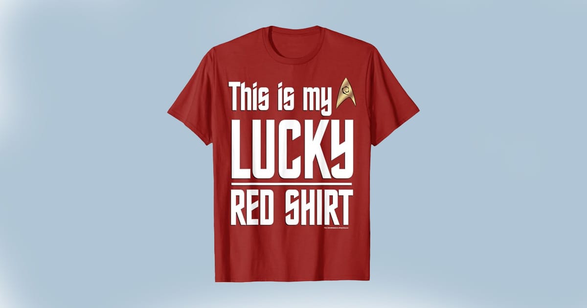 Red T-shirt with “This is my Lucky Red Shirt” printed in bold white text—perfect for fans who like their odds with a side of sarcasm.