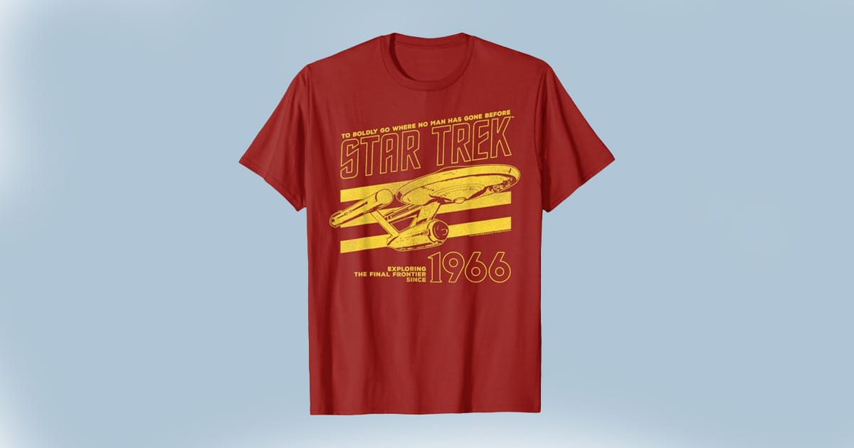Red T-shirt with vintage “Star Trek 1966” design and starship graphic—a bold tribute to the series that launched a thousand away teams.