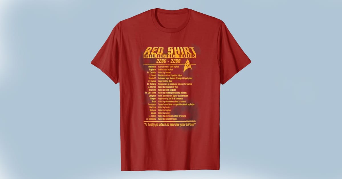 Red T-shirt showing a tour-style list of Redshirt deaths from "Star Trek."