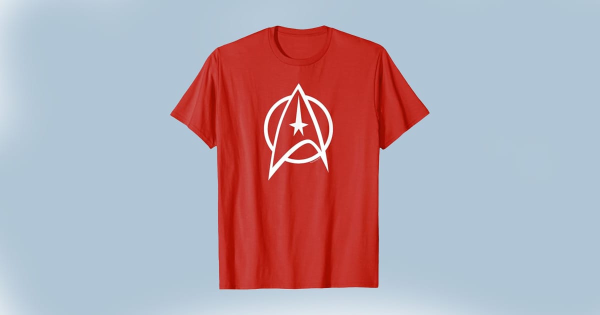 Red T-shirt with bold white Starfleet emblem—simple design for fans who don’t need extra flair to show they’re on the mission.
