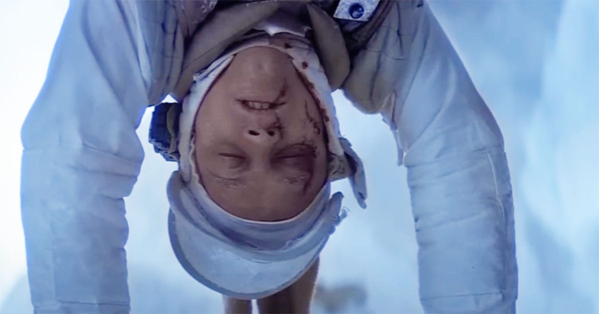 Luke Skywalker hanging upside down in the Wampa cave with facial injuries in "The Empire Strikes Back."