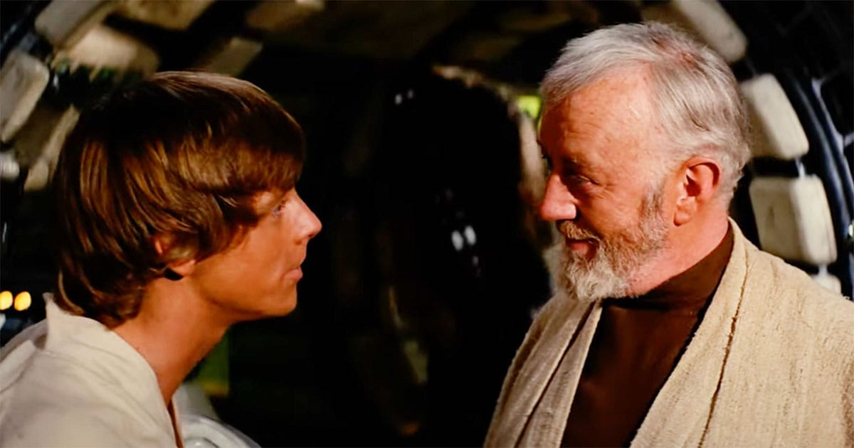 Image of Mark Hamill as Luke Skywalker and Alec Guinness as Obi-Wan Kenobi in the Star Wars The New Hope.