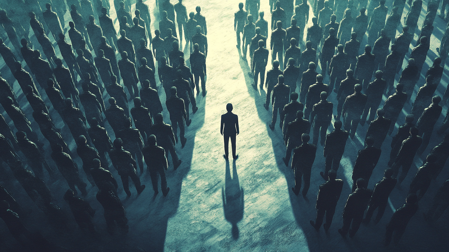 Image of lots of men standing in a dystopian crowd.