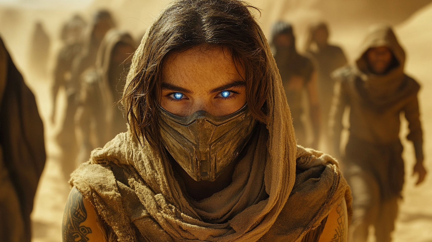 Paul Atreides with blue eyes wearing a desert cloak and mask.